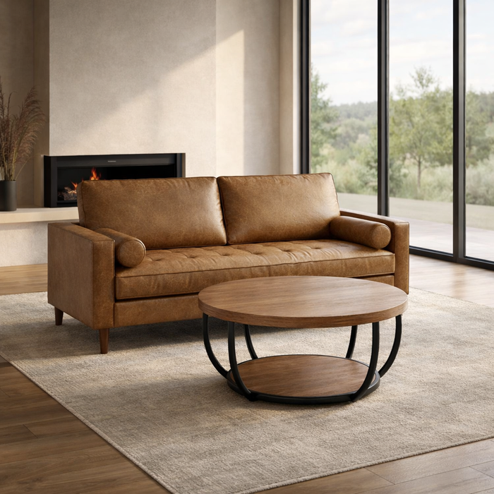 58" Mid Century Faux Leather Loveseat Sofa with Pillows & 31" Round 2-Tier Coffee Table Set, Brown