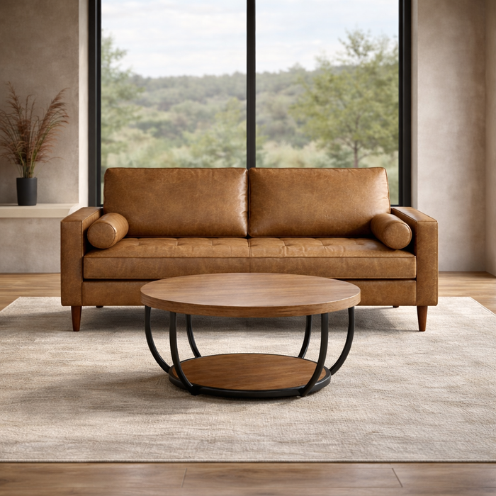 58" Mid Century Faux Leather Loveseat Sofa with Pillows & 31" Round 2-Tier Coffee Table Set, Brown