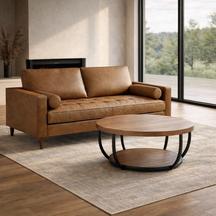 58" Mid Century Faux Leather Loveseat Sofa with Pillows & 31" Round 2-Tier Coffee Table Set, Brown