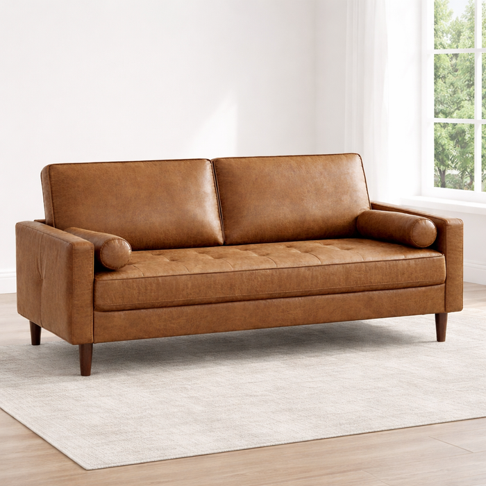 58" Mid Century Faux Leather Loveseat Sofa with Pillows & 31" Round 2-Tier Coffee Table Set, Brown