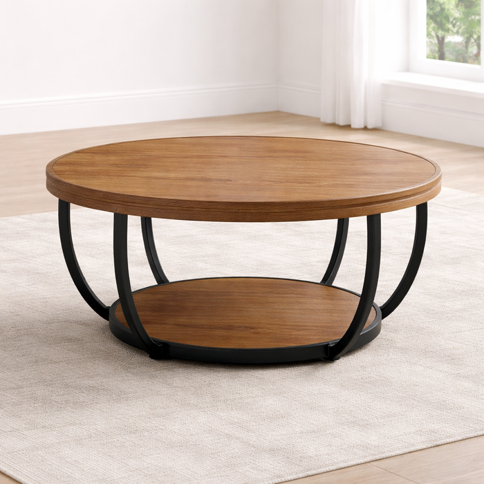 58" Mid Century Faux Leather Loveseat Sofa with Pillows & 31" Round 2-Tier Coffee Table Set, Brown