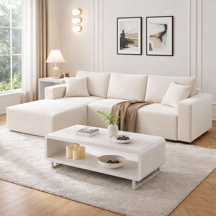 108" L-Shaped Corduroy Modular Sectional Sofa with Ottoman and 48" 2-Tier Wooden Coffee Table Set – White