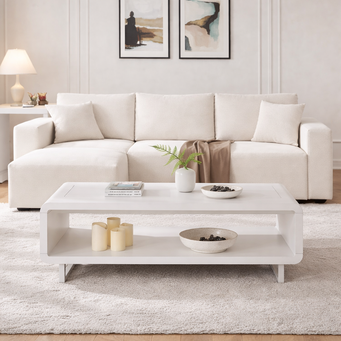 108" L-Shaped Corduroy Modular Sectional Sofa with Ottoman and 48" 2-Tier Wooden Coffee Table Set – White