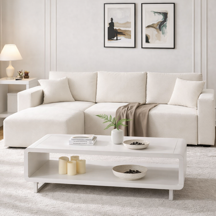 108" L-Shaped Corduroy Modular Sectional Sofa with Ottoman and 48" 2-Tier Wooden Coffee Table Set – White