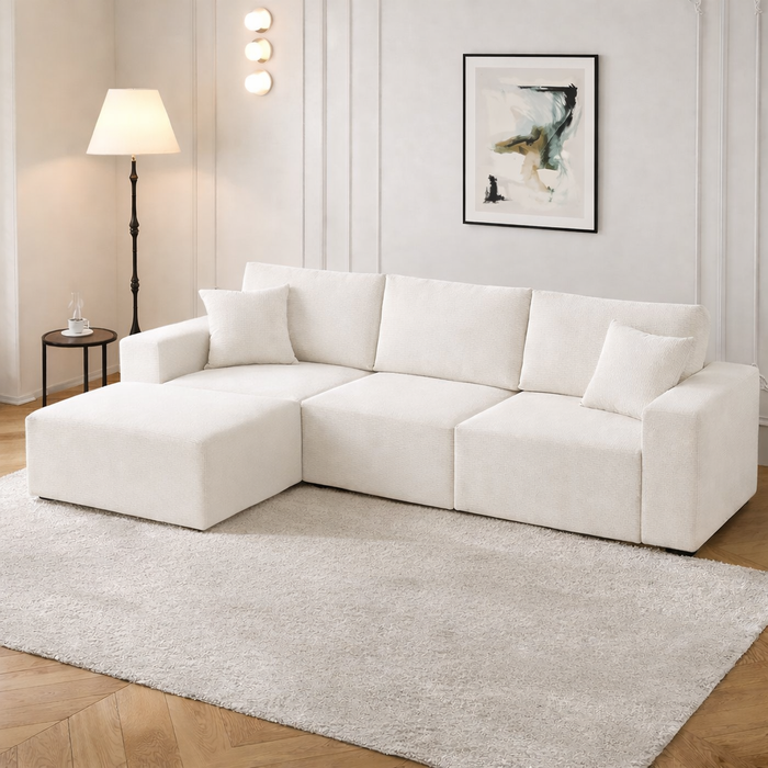 108" L-Shaped Corduroy Modular Sectional Sofa with Ottoman and 48" 2-Tier Wooden Coffee Table Set – White