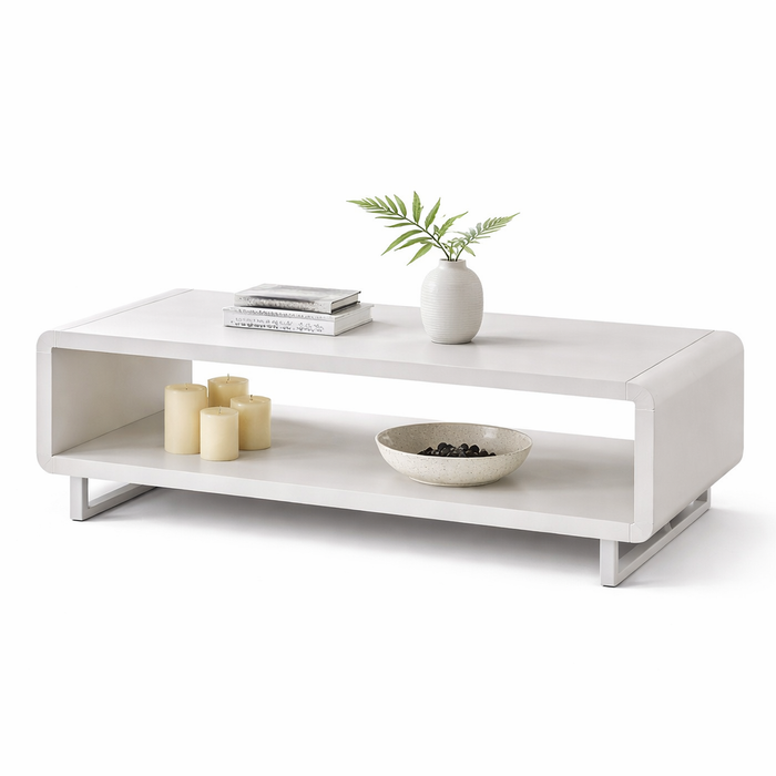 108" L-Shaped Corduroy Modular Sectional Sofa with Ottoman and 48" 2-Tier Wooden Coffee Table Set – White