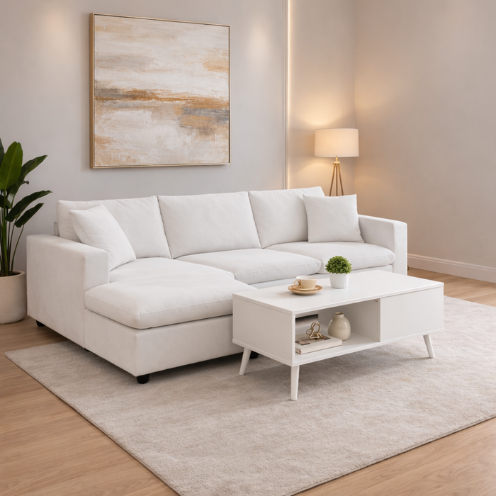 100.4" L-Shaped Sectional Sofa with Ottoman and Coffee Table Set – 4 Seat White Living Room Bundle