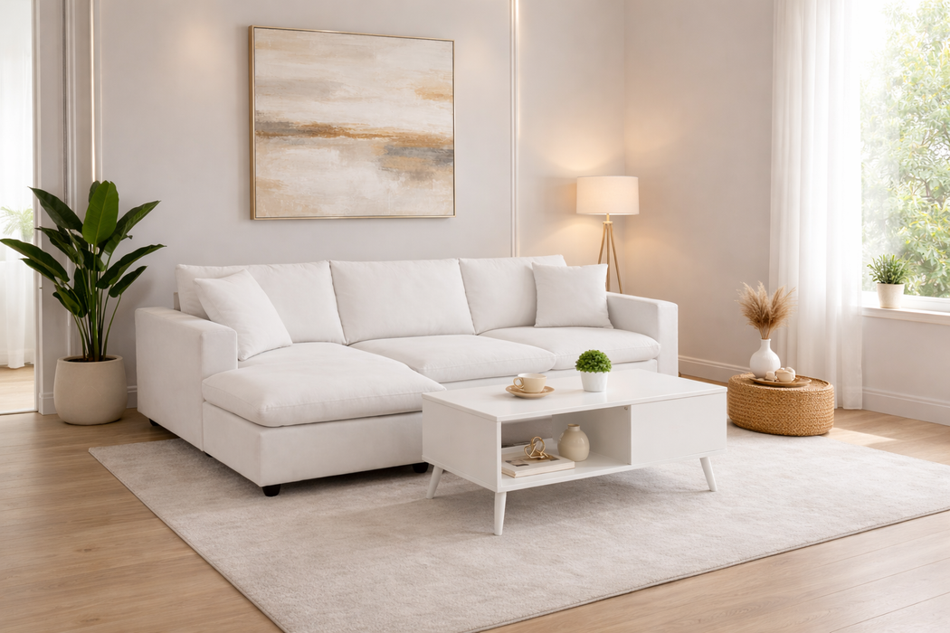 100.4" L-Shaped Sectional Sofa with Ottoman and Coffee Table Set – 4 Seat White Living Room Bundle