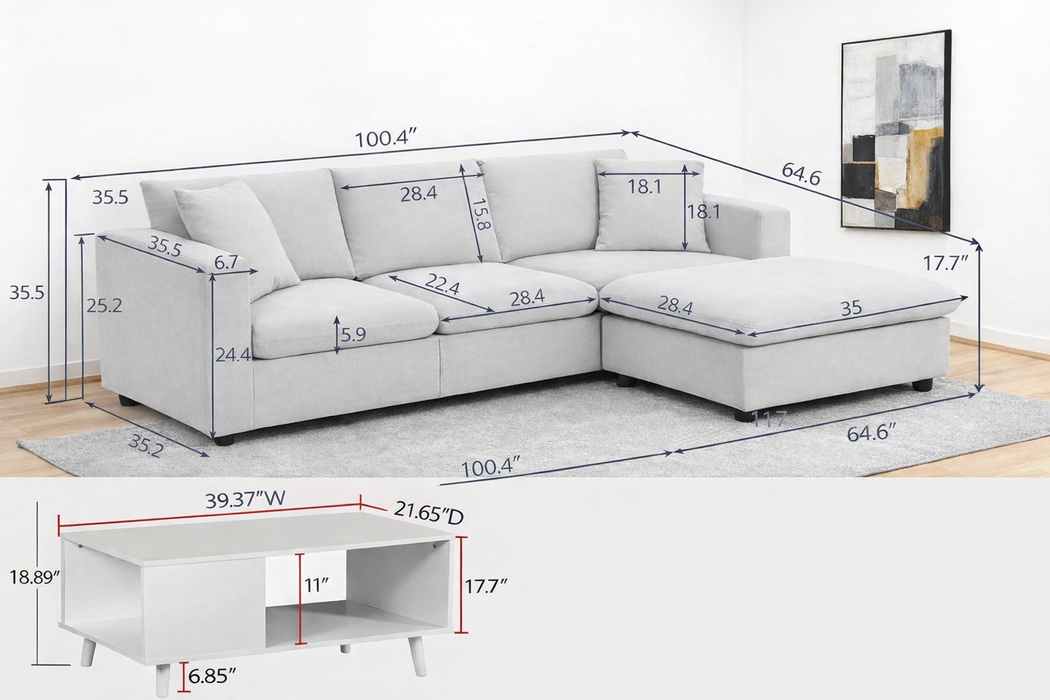 100.4" L-Shaped Sectional Sofa with Ottoman and Coffee Table Set – 4 Seat White Living Room Bundle