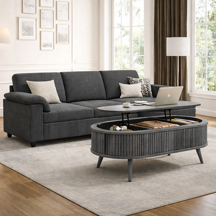3-Seat L-Shaped Corduroy Sectional Sofa with Lift-Top Oval Coffee Table Set, Gray