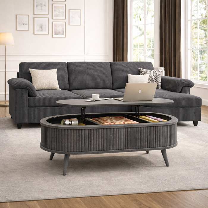 3-Seat L-Shaped Corduroy Sectional Sofa with Lift-Top Oval Coffee Table Set, Gray