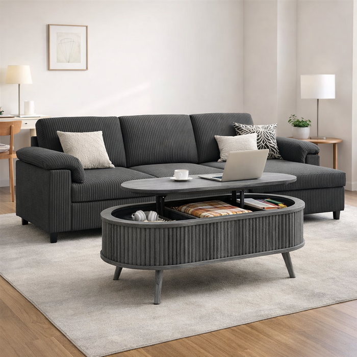 3-Seat L-Shaped Corduroy Sectional Sofa with Lift-Top Oval Coffee Table Set, Gray