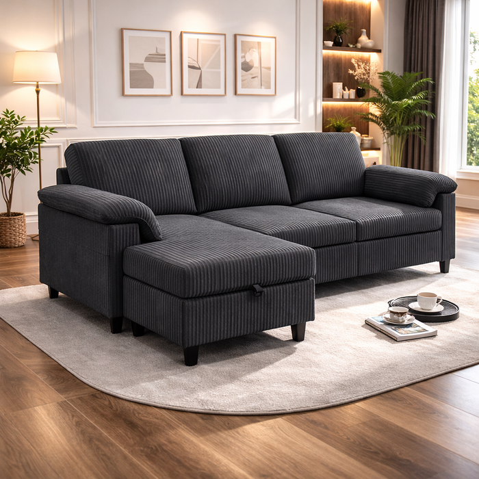 3-Seat L-Shaped Corduroy Sectional Sofa with Lift-Top Oval Coffee Table Set, Gray