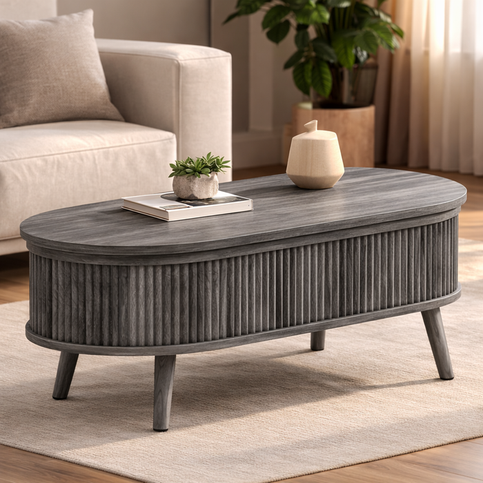 3-Seat L-Shaped Corduroy Sectional Sofa with Lift-Top Oval Coffee Table Set, Gray