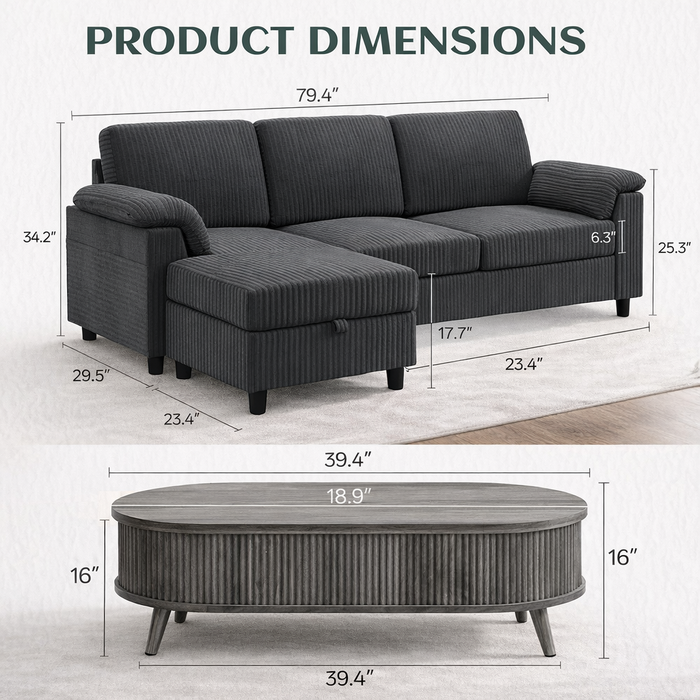 3-Seat L-Shaped Corduroy Sectional Sofa with Lift-Top Oval Coffee Table Set, Gray