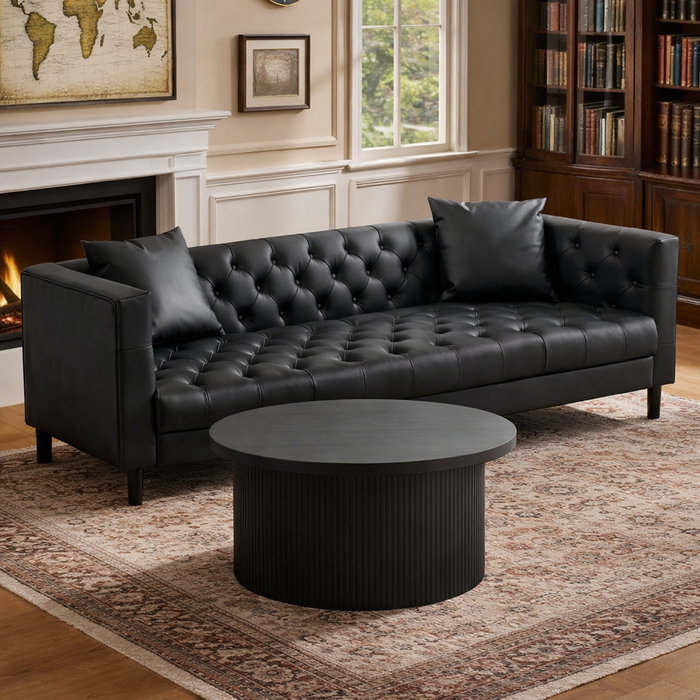 Black Button-Tufted Sofa and Round Tambour Coffee Table – Mid-Century 2-Piece Living Room Bundle