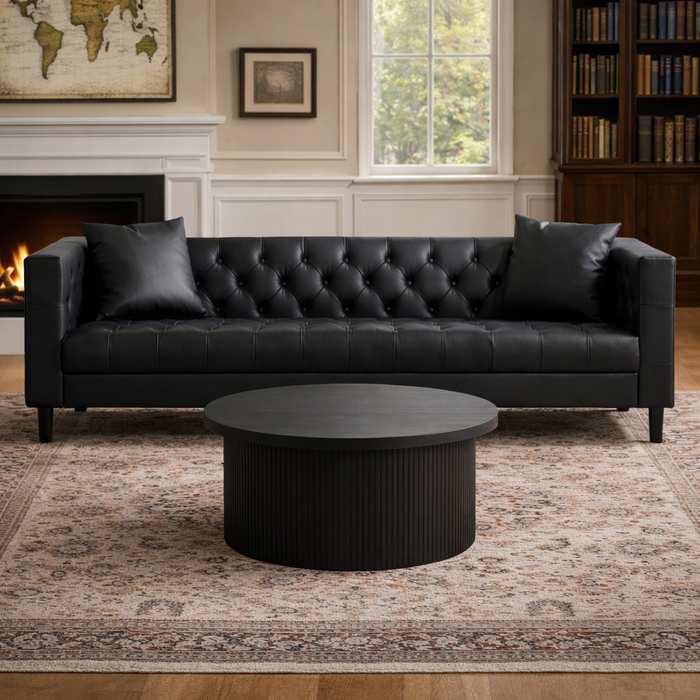 Black Button-Tufted Sofa and Round Tambour Coffee Table – Mid-Century 2-Piece Living Room Bundle