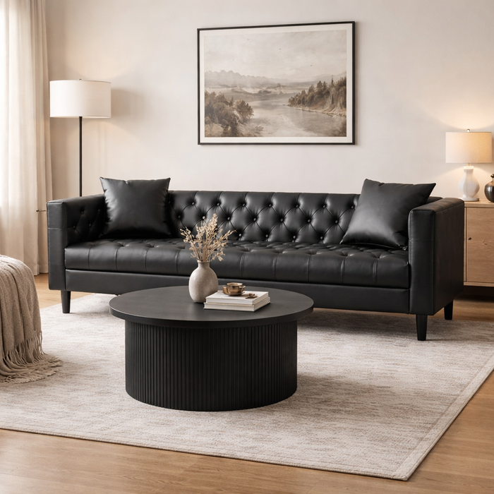 Black Button-Tufted Sofa and Round Tambour Coffee Table – Mid-Century 2-Piece Living Room Bundle