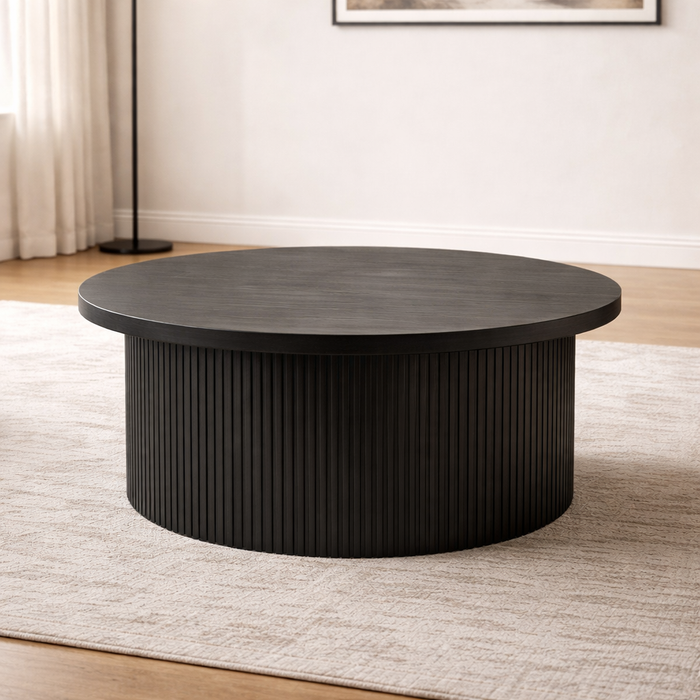 Black Button-Tufted Sofa and Round Tambour Coffee Table – Mid-Century 2-Piece Living Room Bundle