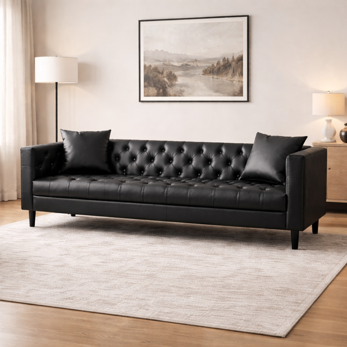 Black Button-Tufted Sofa and Round Tambour Coffee Table – Mid-Century 2-Piece Living Room Bundle