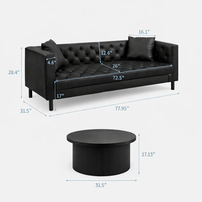 Black Button-Tufted Sofa and Round Tambour Coffee Table – Mid-Century 2-Piece Living Room Bundle