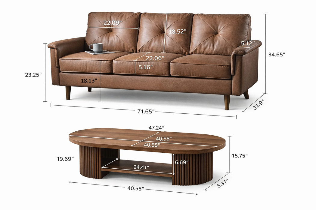 71.6" Mid Century Modern 3 Seat Sofa with 47" Oval Fluted Coffee Table Living Room Set Walnut