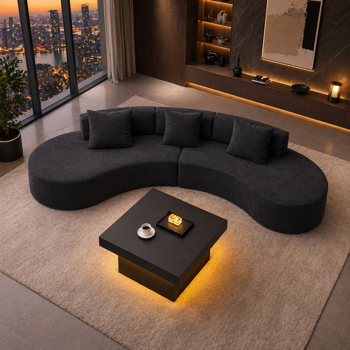 130.5" Curved Sectional Sofa with LED Coffee Table Set, Black 2-Piece Living Room Bundle