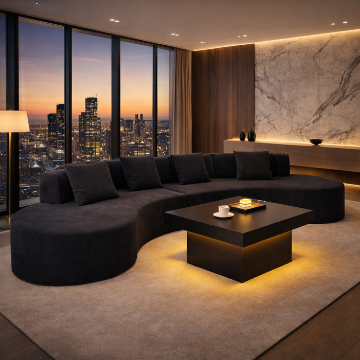130.5" Curved Sectional Sofa with LED Coffee Table Set, Black 2-Piece Living Room Bundle