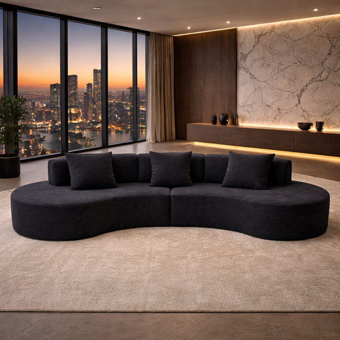 130.5" Curved Sectional Sofa with LED Coffee Table Set, Black 2-Piece Living Room Bundle