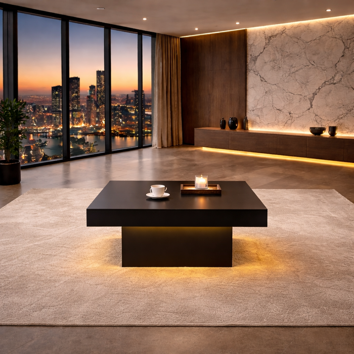 130.5" Curved Sectional Sofa with LED Coffee Table Set, Black 2-Piece Living Room Bundle