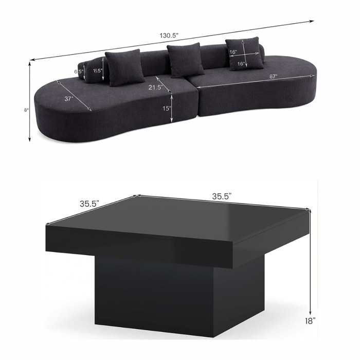 130.5" Curved Sectional Sofa with LED Coffee Table Set, Black 2-Piece Living Room Bundle