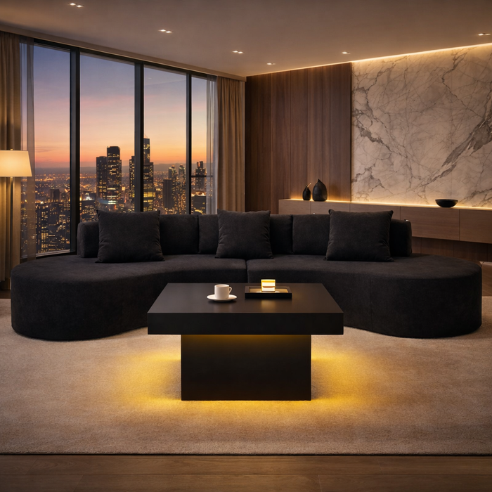 130.5" Curved Sectional Sofa with LED Coffee Table Set, Black 2-Piece Living Room Bundle