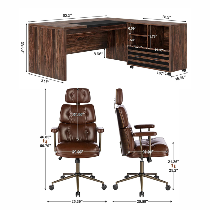 62.2" L-Shaped Executive Desk Set with File Cabinet & Ergonomic High-Back Chair, Brown/Black
