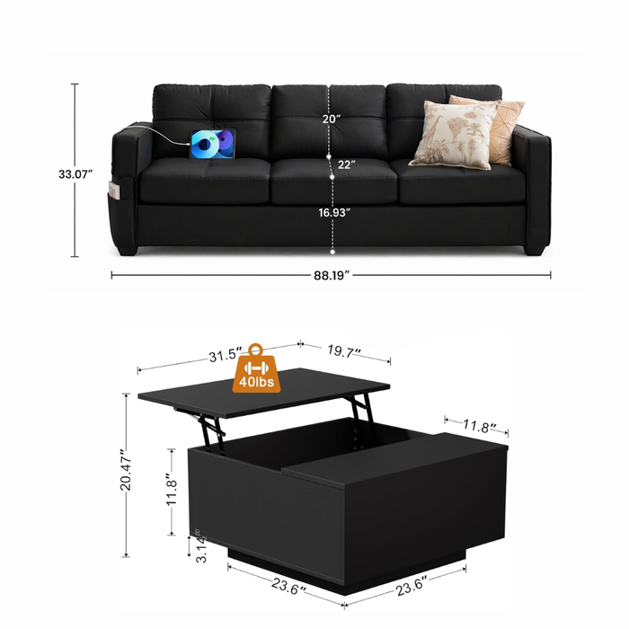 88" Black Faux Leather Sofa with USB Ports & Lift Top Storage Coffee Table Set