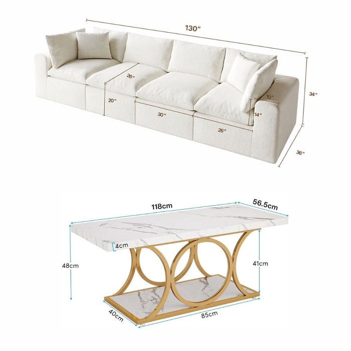 130" L-Shaped Cloud Sectional Sofa with Faux Marble Coffee Table 2-Piece Living Room Bundle White/Gold