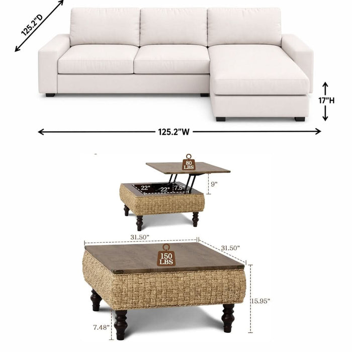 125.2" Beige Kivik Compatible Sectional Cover with Lift Top Farmhouse Coffee Table Set