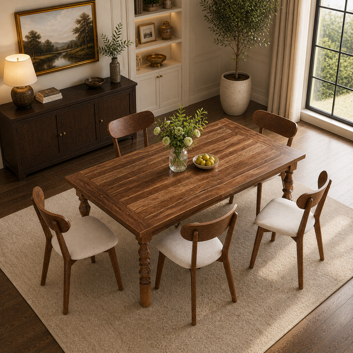 62" Farmhouse Walnut Dining Table Set with 4 Upholstered Chairs for 4-6 People