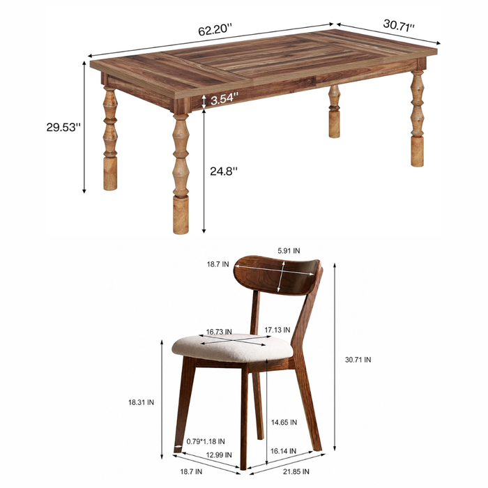 62" Farmhouse Walnut Dining Table Set with 4 Upholstered Chairs for 4-6 People