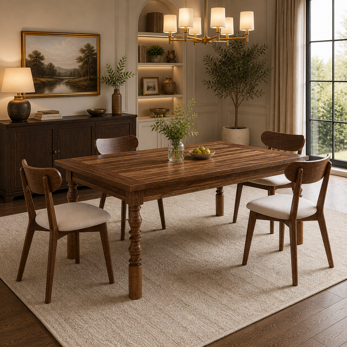 62" Farmhouse Walnut Dining Table Set with 4 Upholstered Chairs for 4-6 People