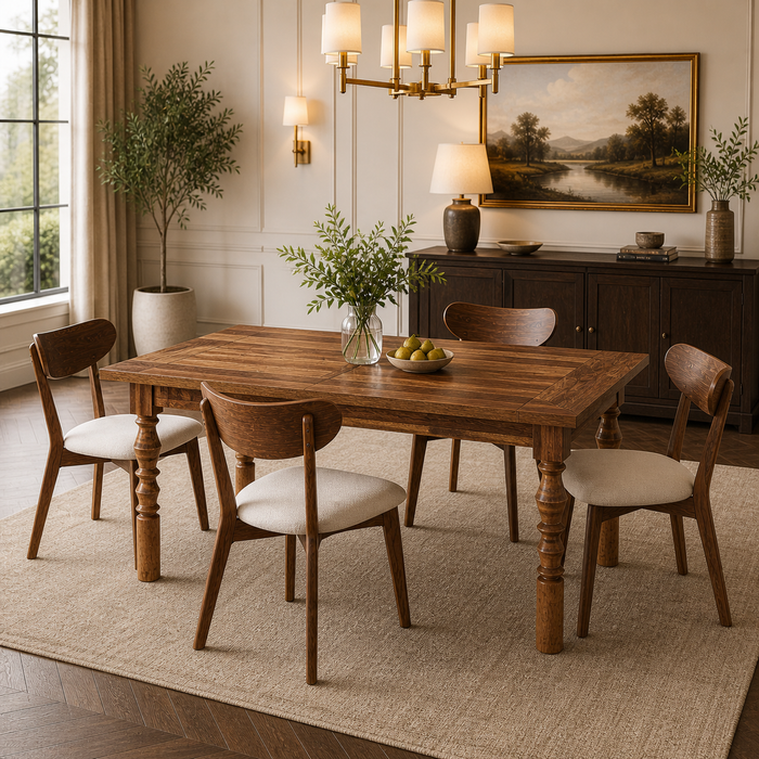 62" Farmhouse Walnut Dining Table Set with 4 Upholstered Chairs for 4-6 People
