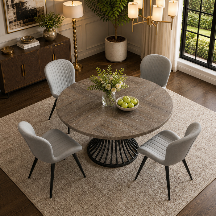 47 Inch Round Farmhouse Dining Table Set for 4-6 with 4 Upholstered Chairs Gray