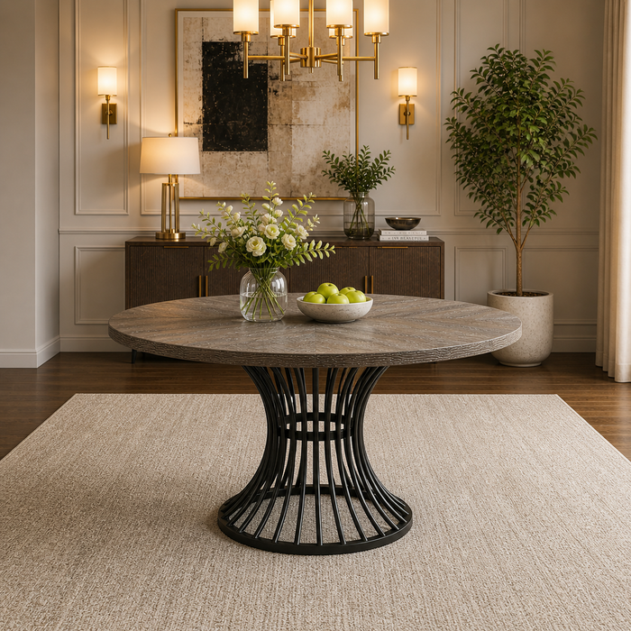 47 Inch Round Farmhouse Dining Table Set for 4-6 with 4 Upholstered Chairs Gray
