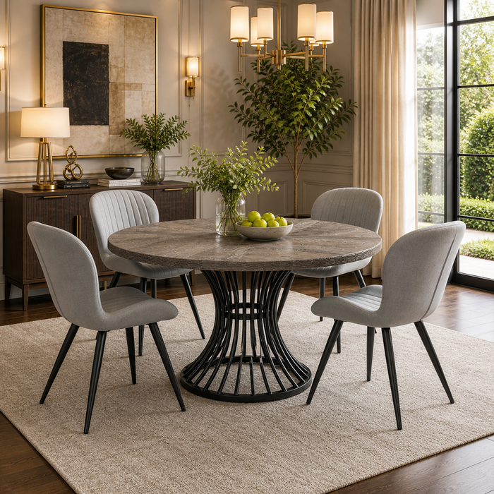 47 Inch Round Farmhouse Dining Table Set for 4-6 with 4 Upholstered Chairs Gray