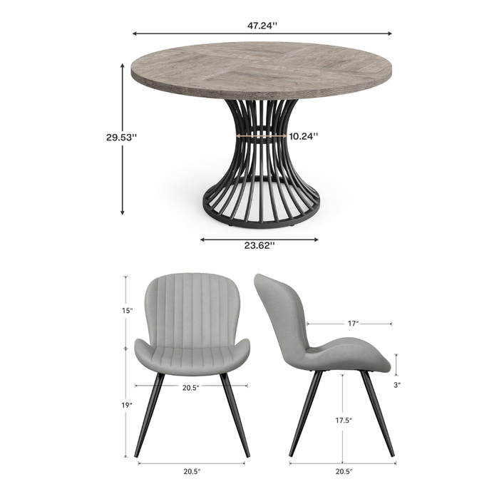 47 Inch Round Farmhouse Dining Table Set for 4-6 with 4 Upholstered Chairs Gray