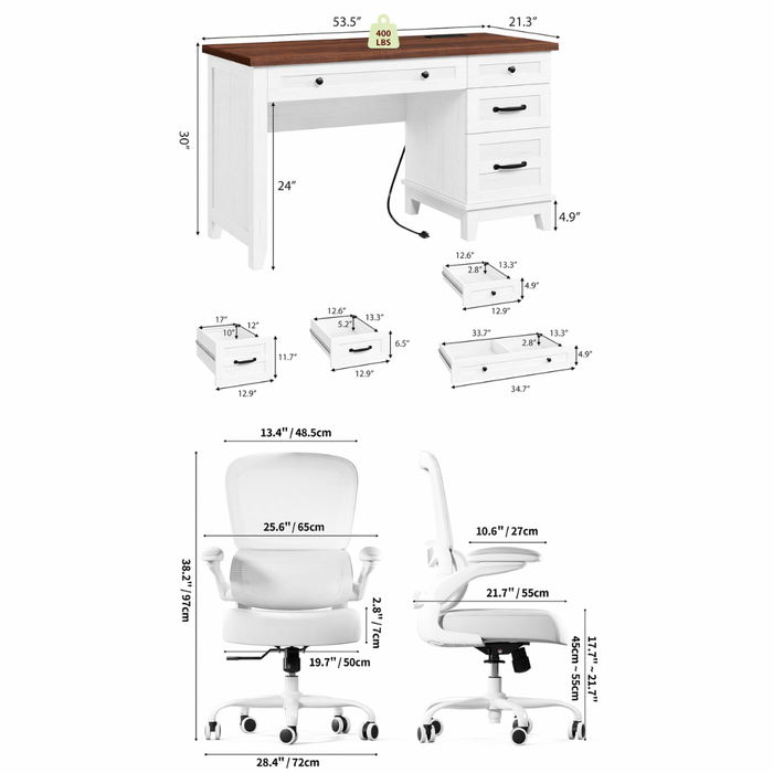 53.54" Executive Desk with Drawers & Charging Station with Ergonomic Mesh Office Chair Set White Walnut