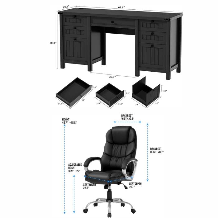 62" Executive Desk & Ergonomic Office Chair Set with Drawers, Cabinet Storage & Adjustable Swivel Chair Black