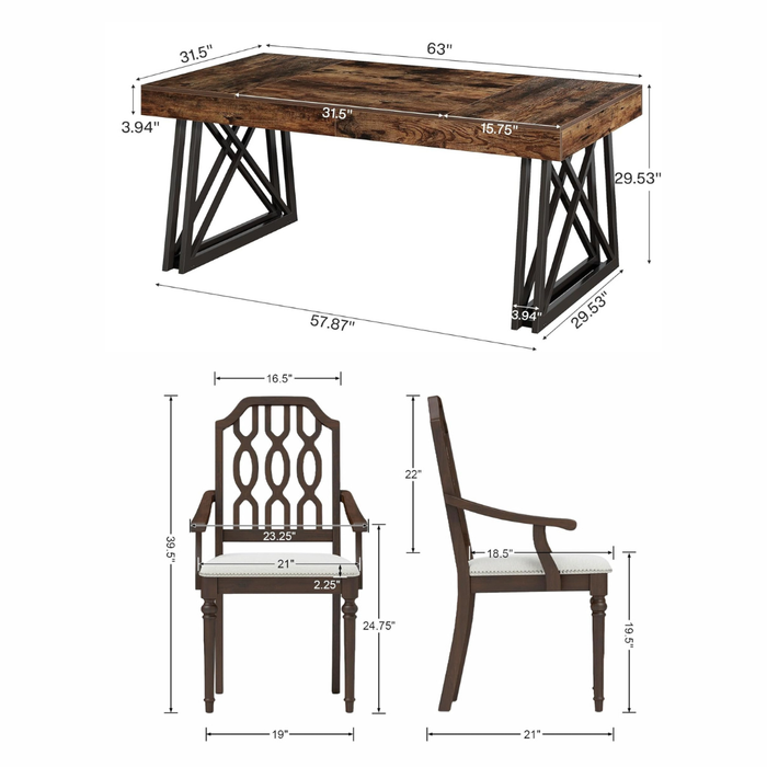 63 Inch Farmhouse Dining Table Set with 4 Upholstered Armchairs, Vintage Brown/Black