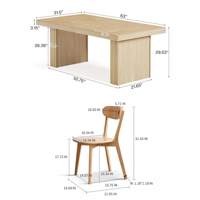63" Farmhouse Dining Table Set with 6 Solid Oak Dining Chairs, Natural Wood Kitchen Set