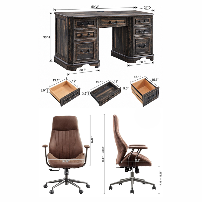 59" Farmhouse Executive Desk with Storage & Faux Suede Executive Office Chair Set Oak Brown