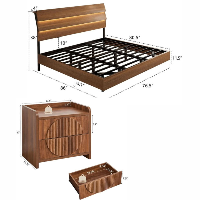 King Floating Bed Frame with LED Lights, Charging Headboard & 2 Fluted Walnut Nightstands